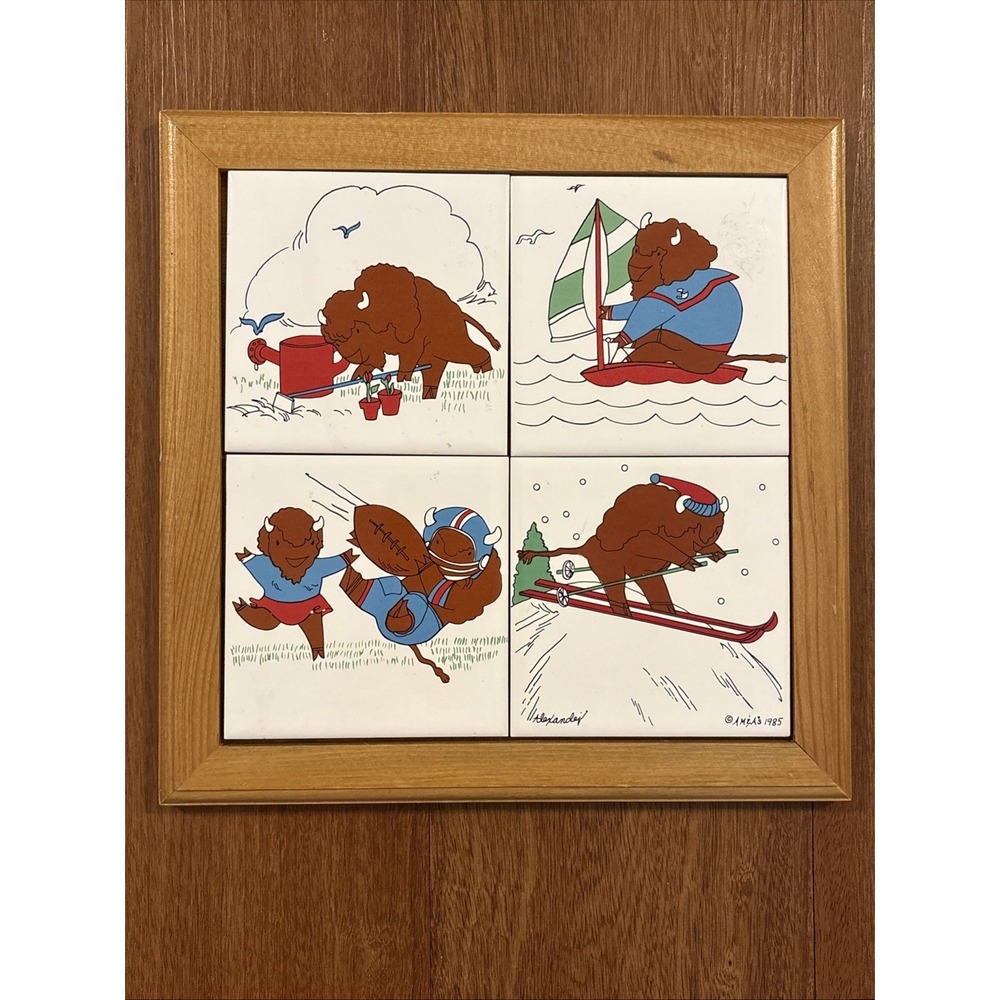 Vintage 1985 AM&As Buffalo Ceramic Tile Wall Art 4 Tile Framed Alexander Buffalo - Picture 1 of 10